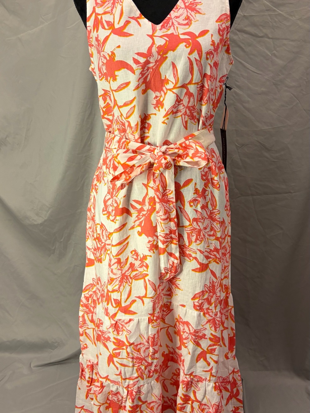 Saks Fifth Avenue Floral Tie-Waist Dress in Coral and Cream | 100% Linen